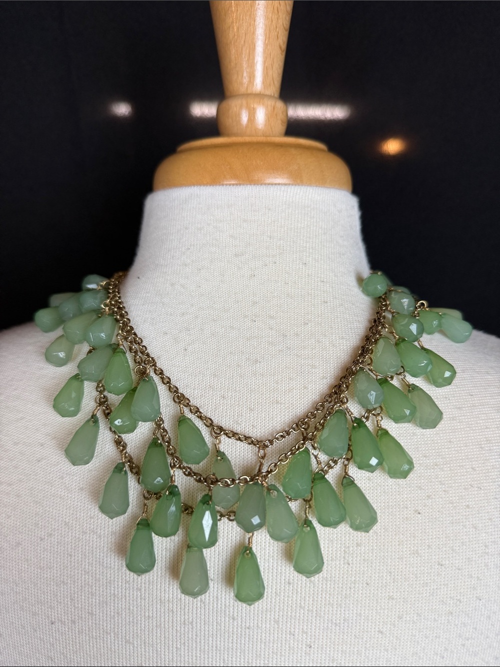 Bronze Gold-3 Chain Green Teardrop Statement Necklace
